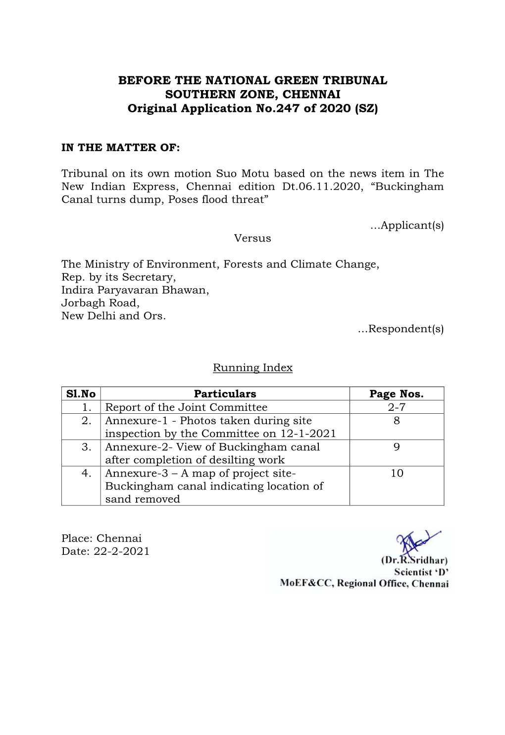 BEFORE the NATIONAL GREEN TRIBUNAL SOUTHERN ZONE, CHENNAI Original Application No.247 of 2020 (SZ)