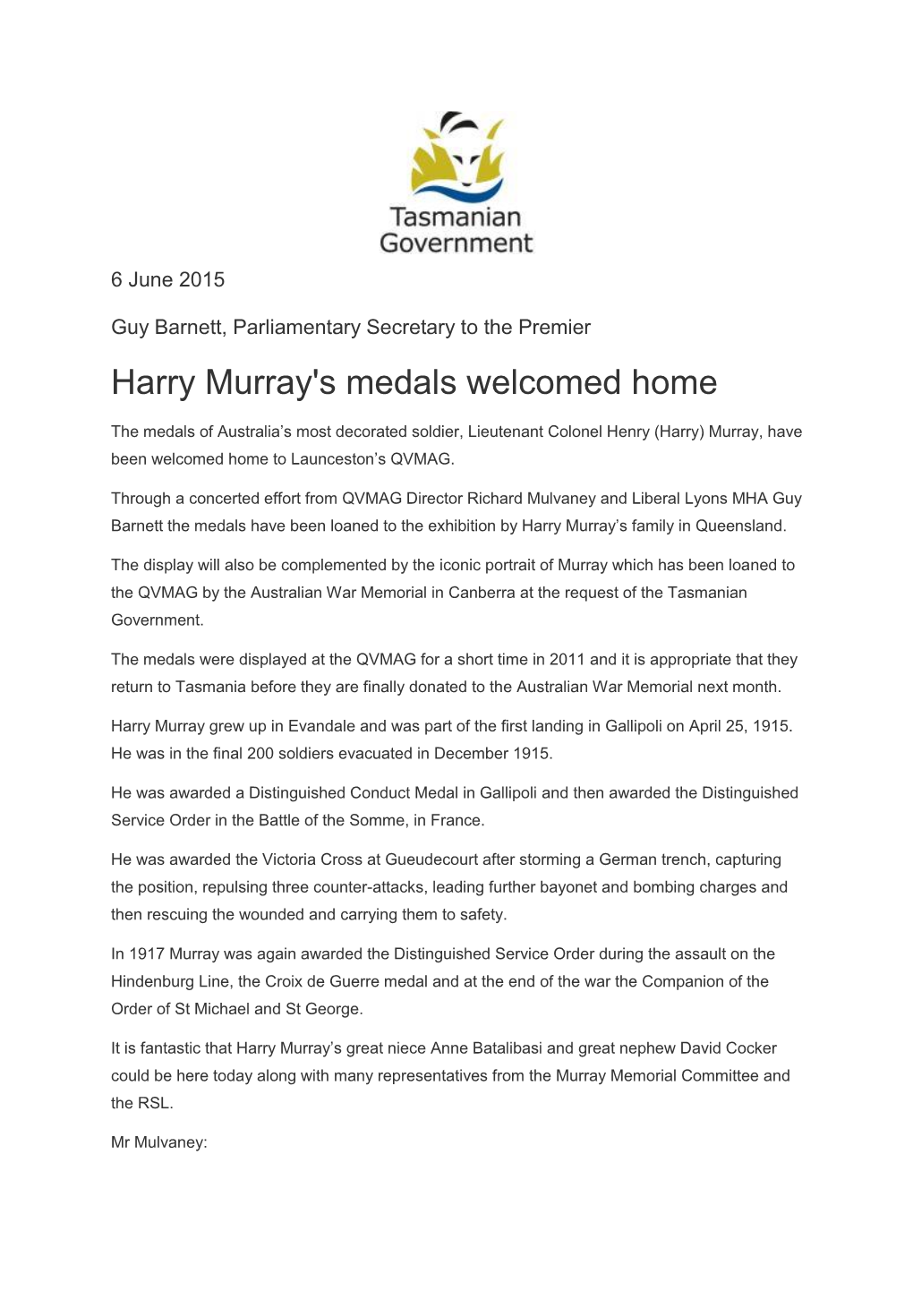 Harry Murray's Medals Welcomed Home