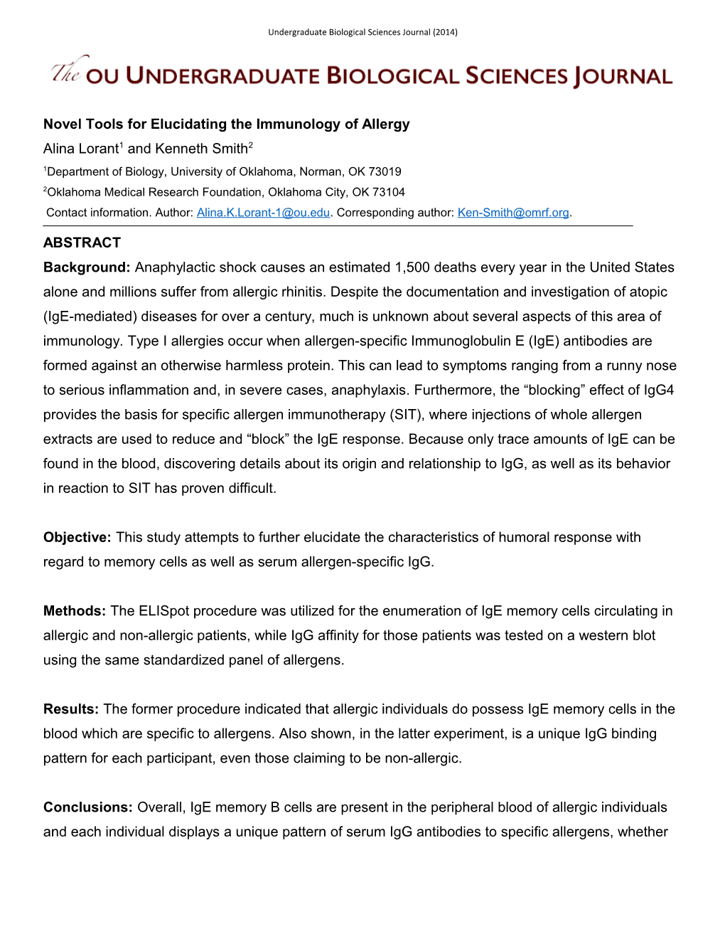 A. Lorant and K. Smith/Undergraduate Biological Sciences Journal (2014)