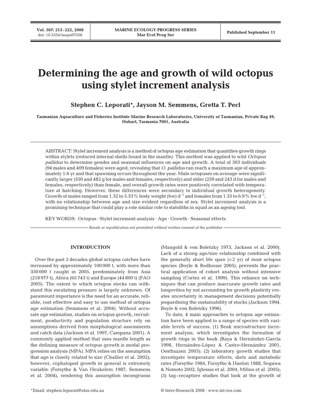 Determining the Age and Growth of Wild Octopus Using Stylet Increment Analysis