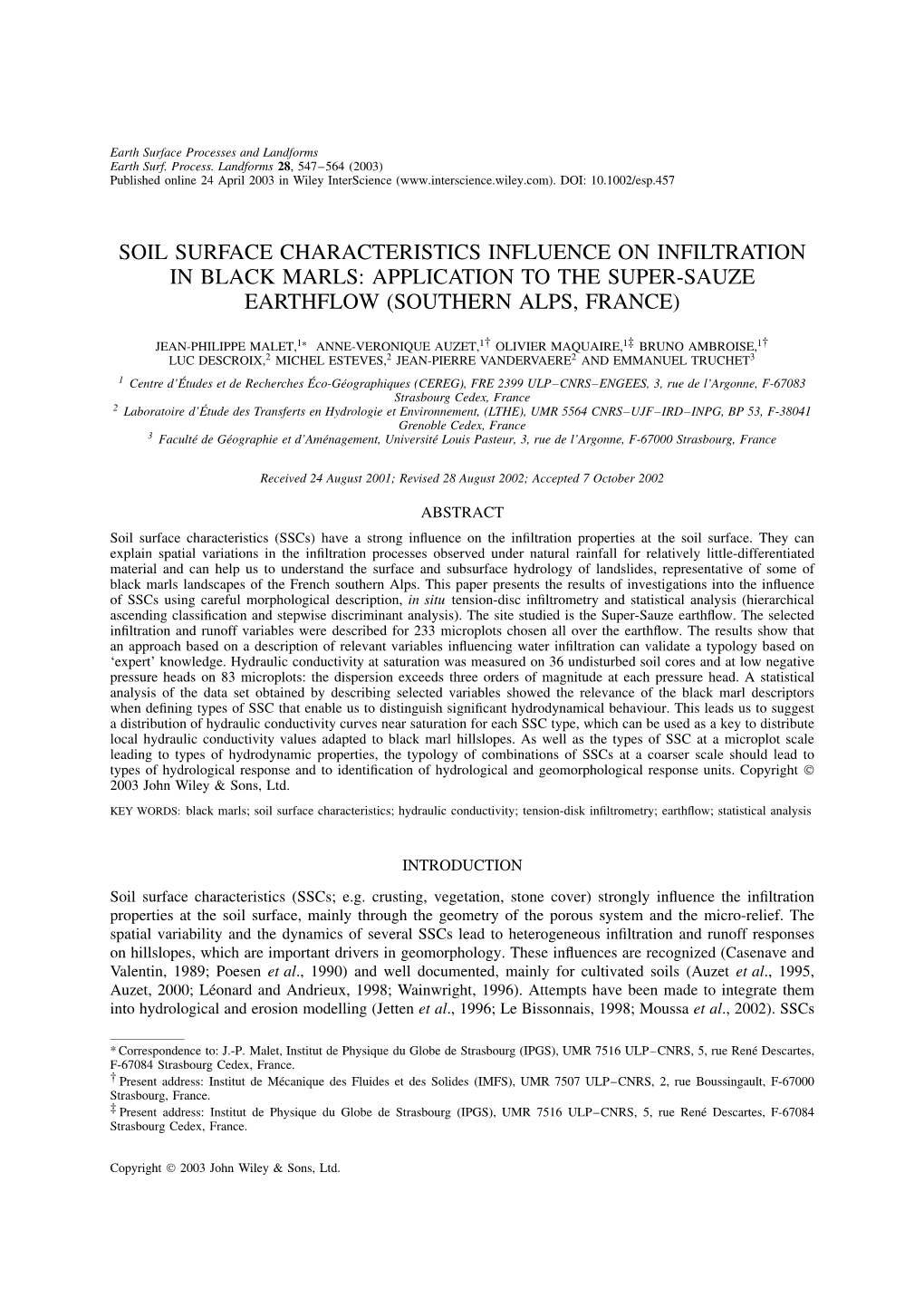 Soil Surface Characteristics Influence on Infiltration in Black Marls: Application to the Super-Sauze Earthflow (Southern Alps, France)