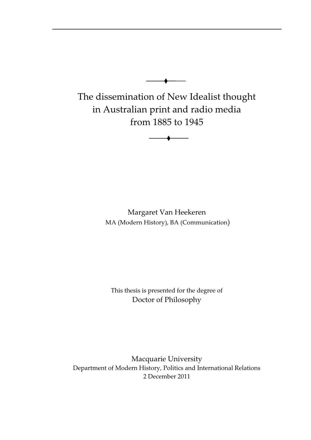 The Dissemination of New Idealist Thought in Australian Print and Radio Media from 1885 to 1945