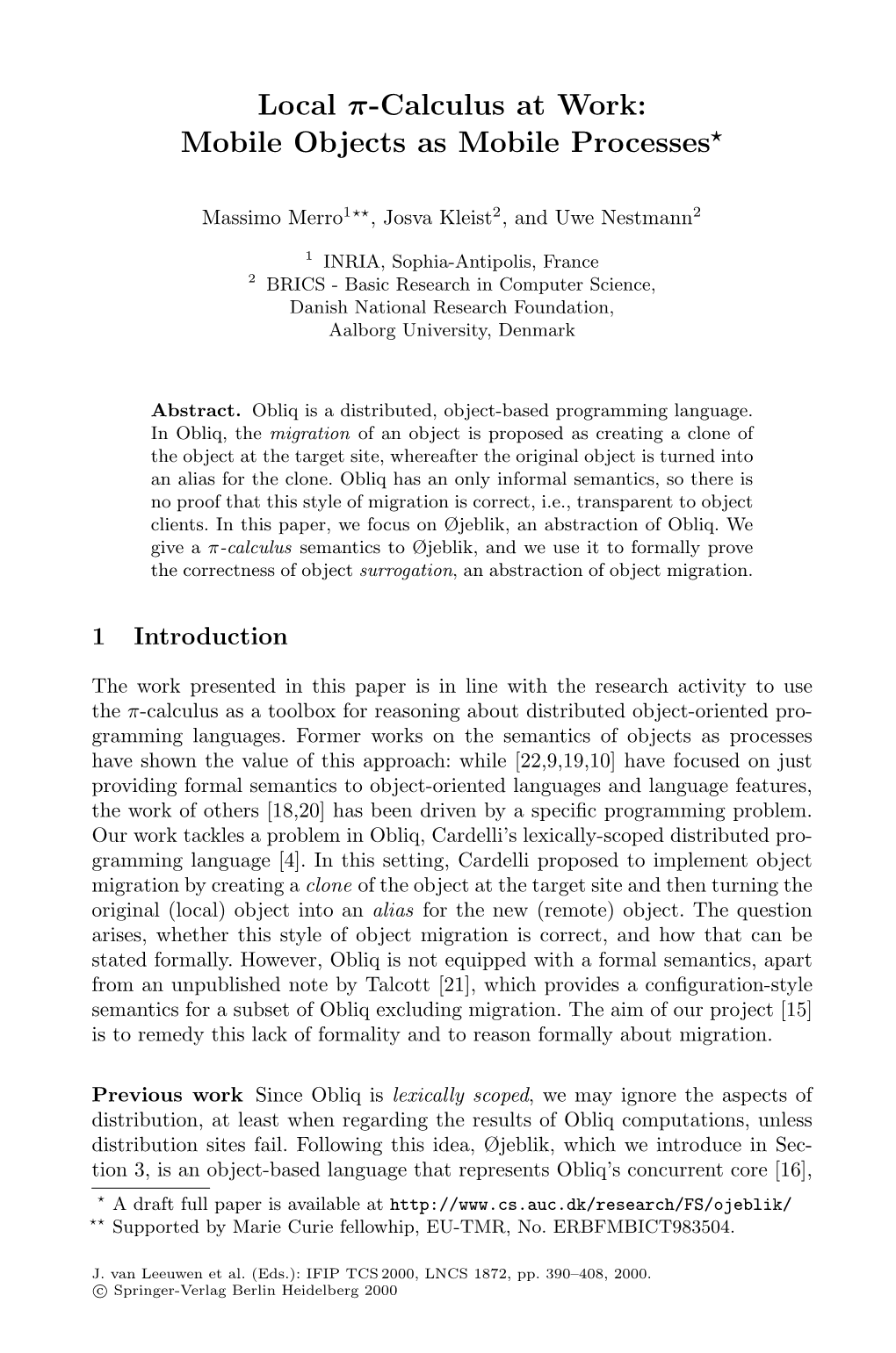 Local Π-Calculus at Work: Mobile Objects As Mobile Processes⋆