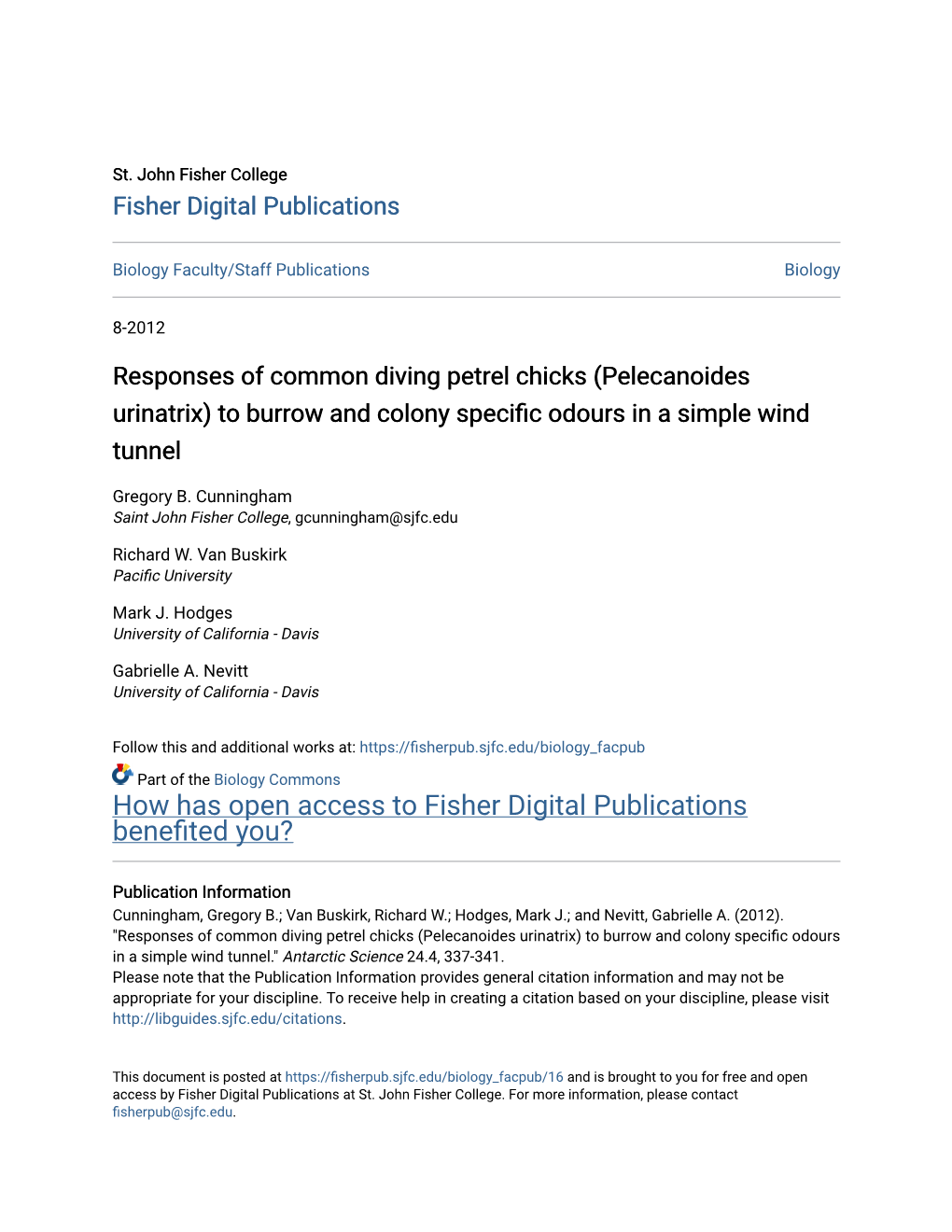 Responses of Common Diving Petrel Chicks (Pelecanoides Urinatrix) to Burrow and Colony Specific Odours in a Simple Wind Tunnel