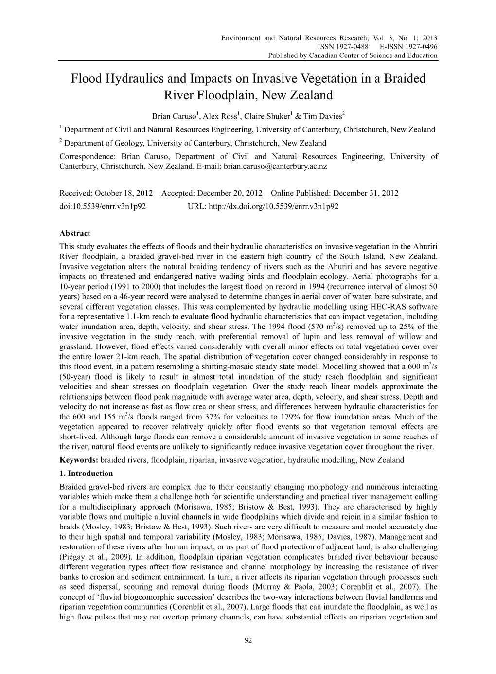 Flood Hydraulics and Impacts on Invasive Vegetation in a Braided River Floodplain, New Zealand