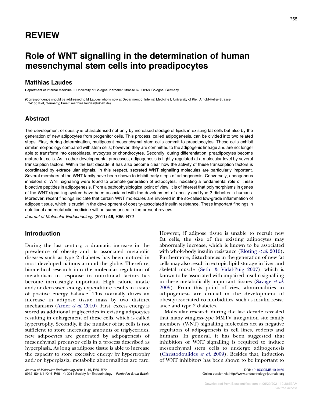 REVIEW Role of WNT Signalling in the Determination of Human