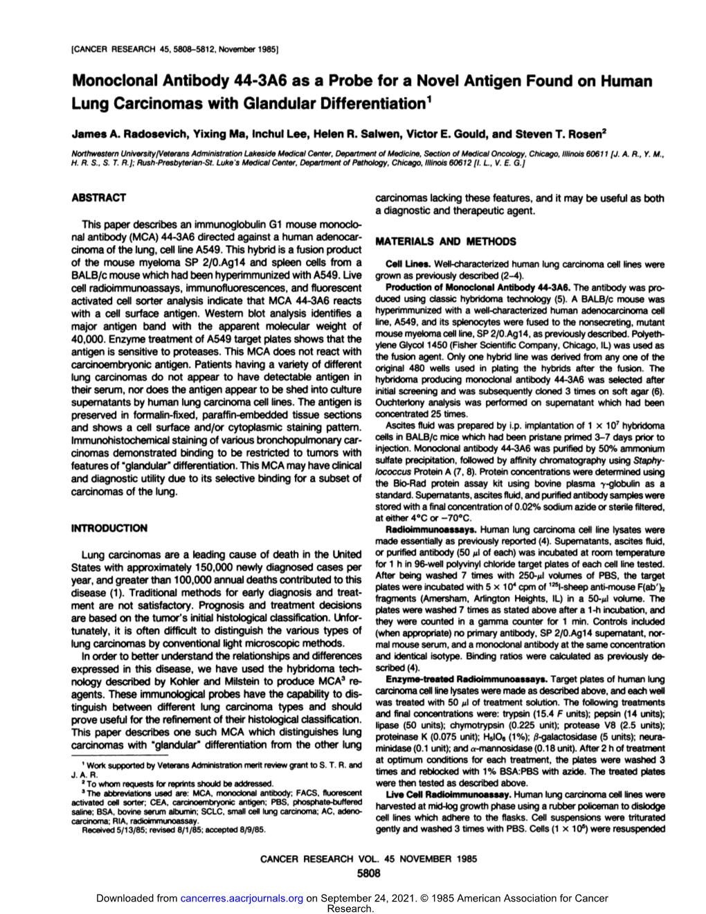 Monoclonal Antibody 44-3A6 As a Probe for a Novel Antigen Found on Human Lung Carcinomas with Glandular Differentiation1