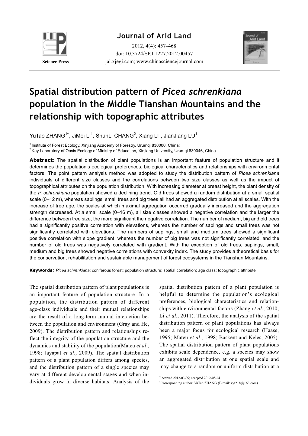 Spatial Distribution Pattern of Picea Schrenkiana Population in the Middle Tianshan Mountains and the Relationship with Topographic Attributes