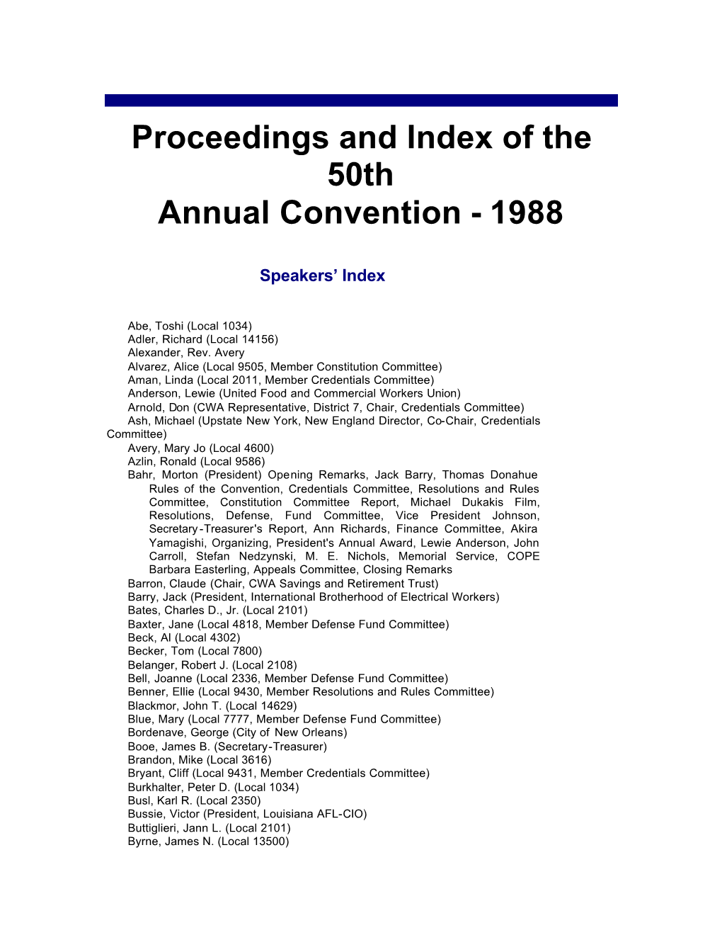 Proceedings and Index of the 50Th Annual Convention - 1988