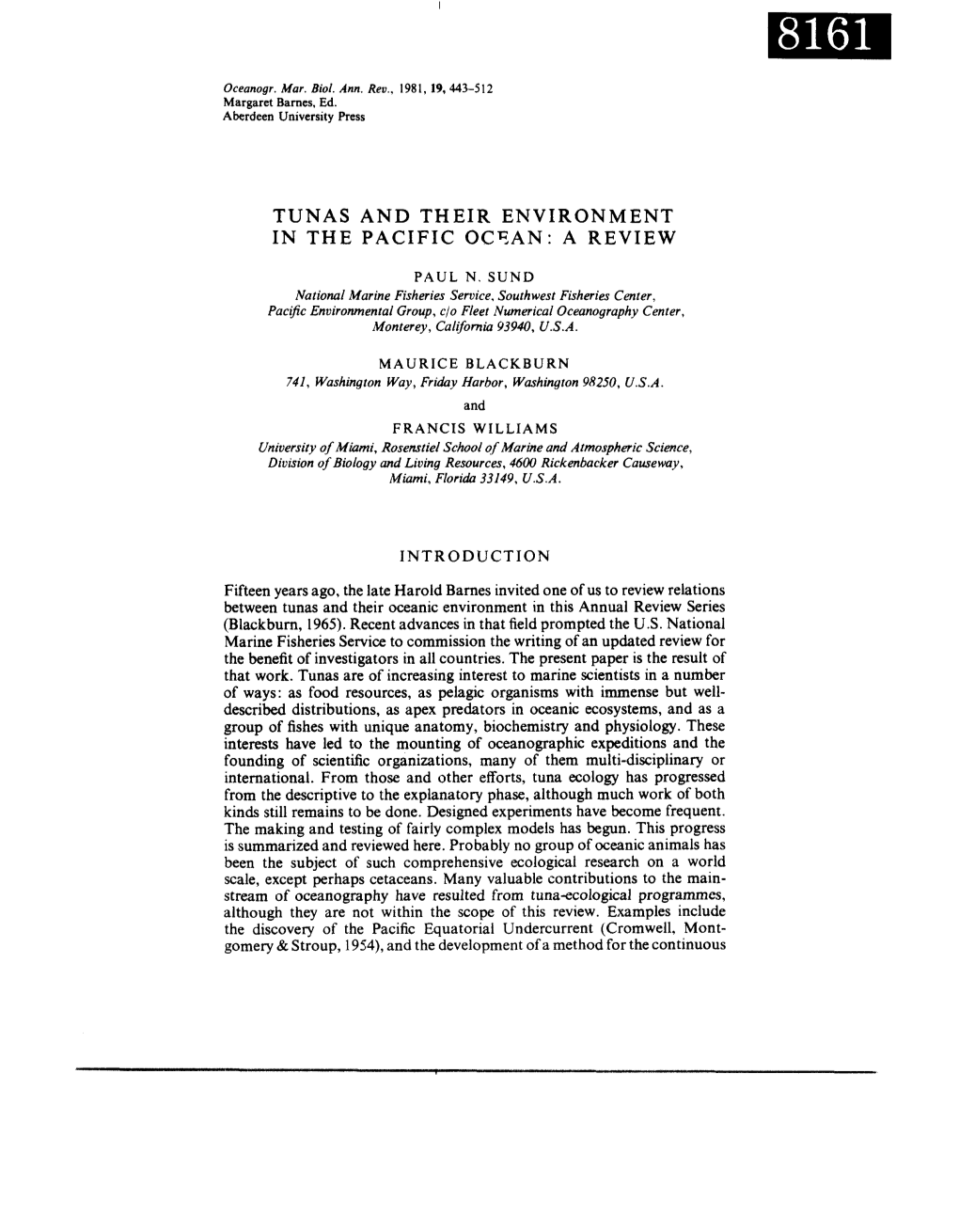 Tunas and Their Environment in the Pacific Ocsan: a Review