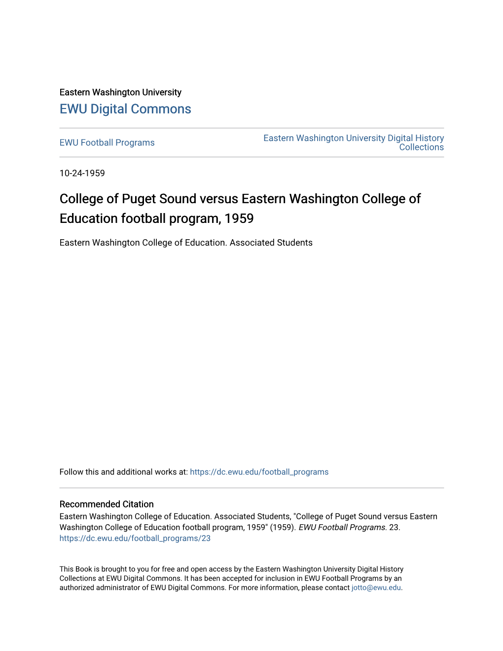 College of Puget Sound Versus Eastern Washington College of Education Football Program, 1959