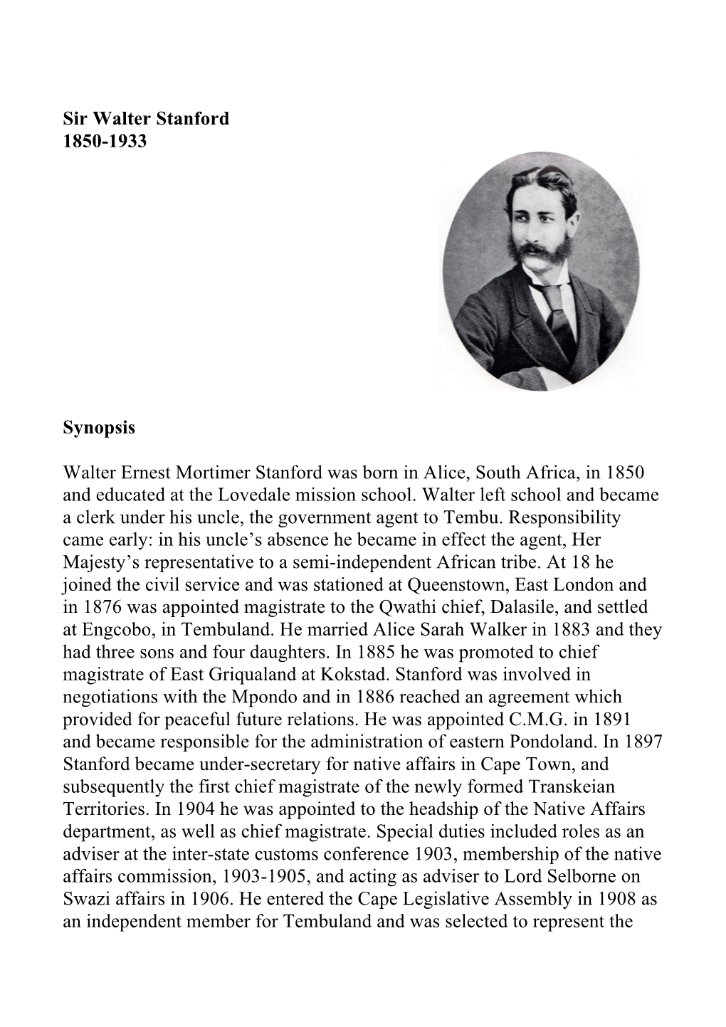 Sir Walter Stanford 1850-1933 Synopsis Walter Ernest Mortimer