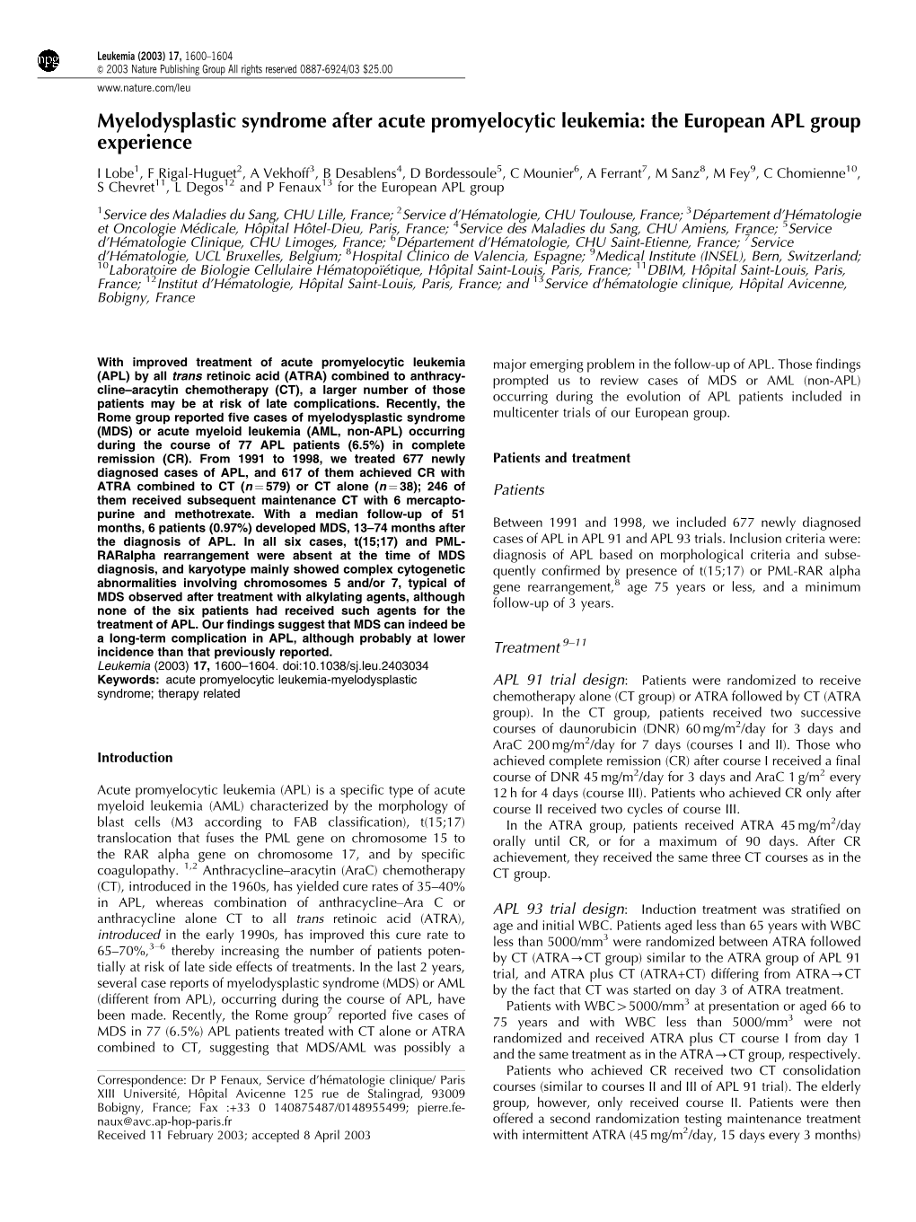 Myelodysplastic Syndrome After Acute Promyelocytic Leukemia