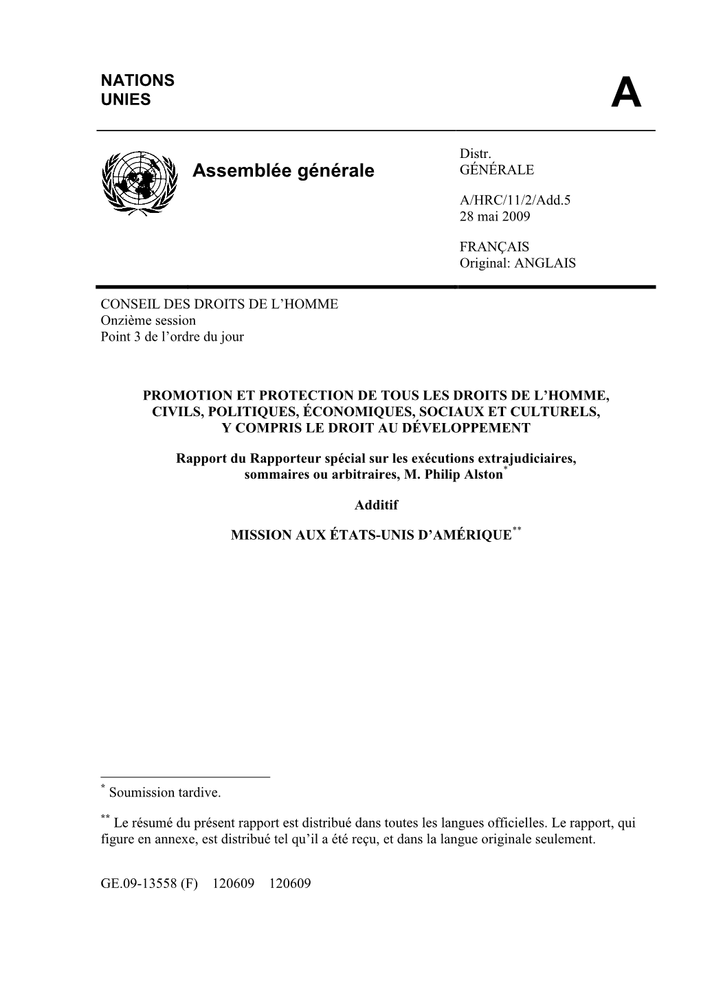 Assemblée Générale GÉNÉRALE A/HRC/11/2/Add.5 28 Mai 2009