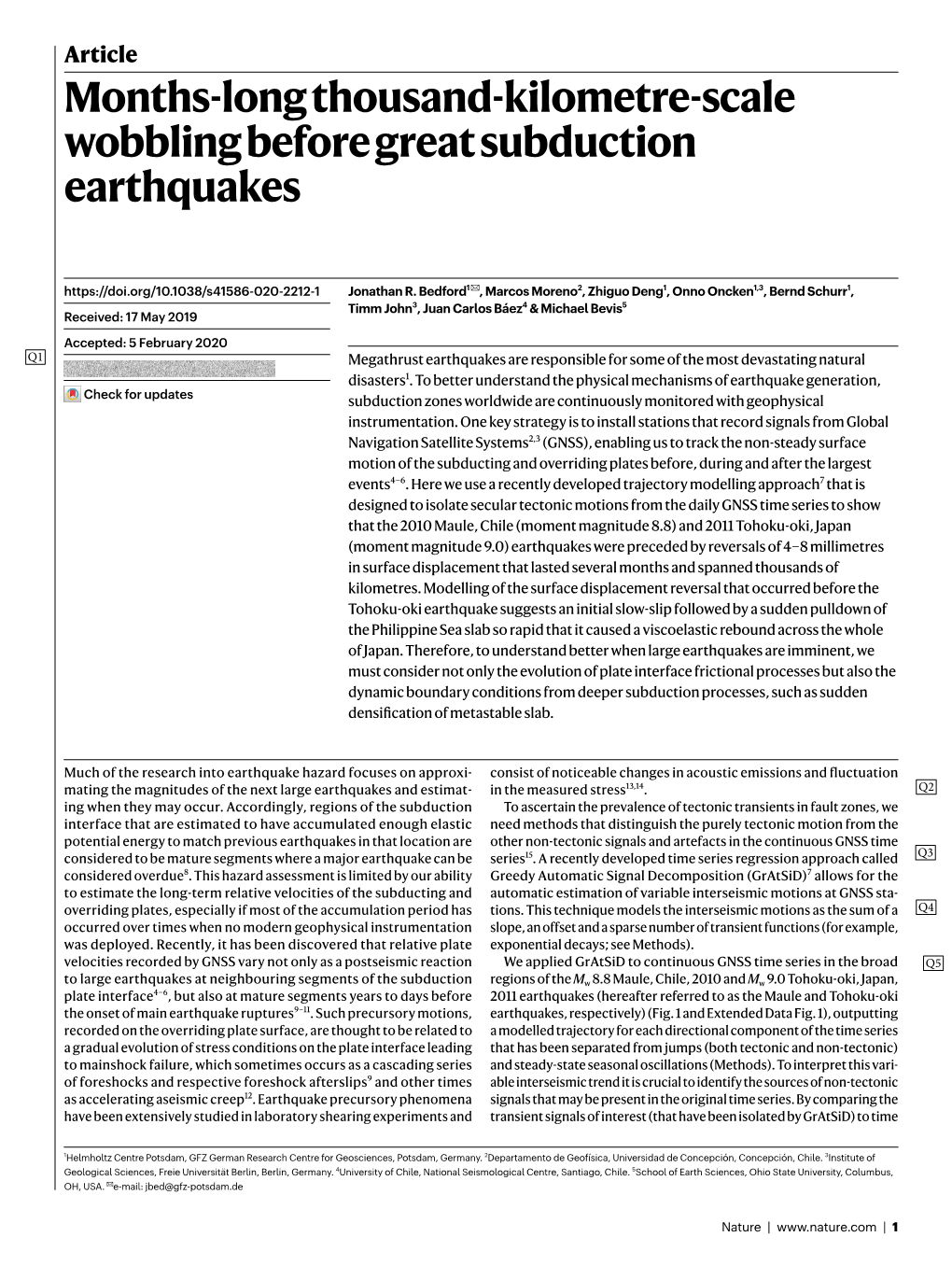 Months-Long Thousand-Kilometre-Scale Wobbling Before Great Subduction Earthquakes