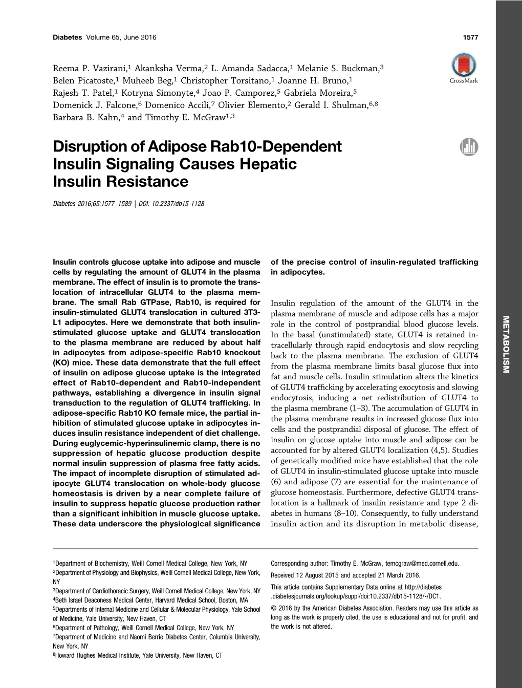 Disruption of Adipose Rab10-Dependent Insulin Signaling Causes Hepatic Insulin Resistance