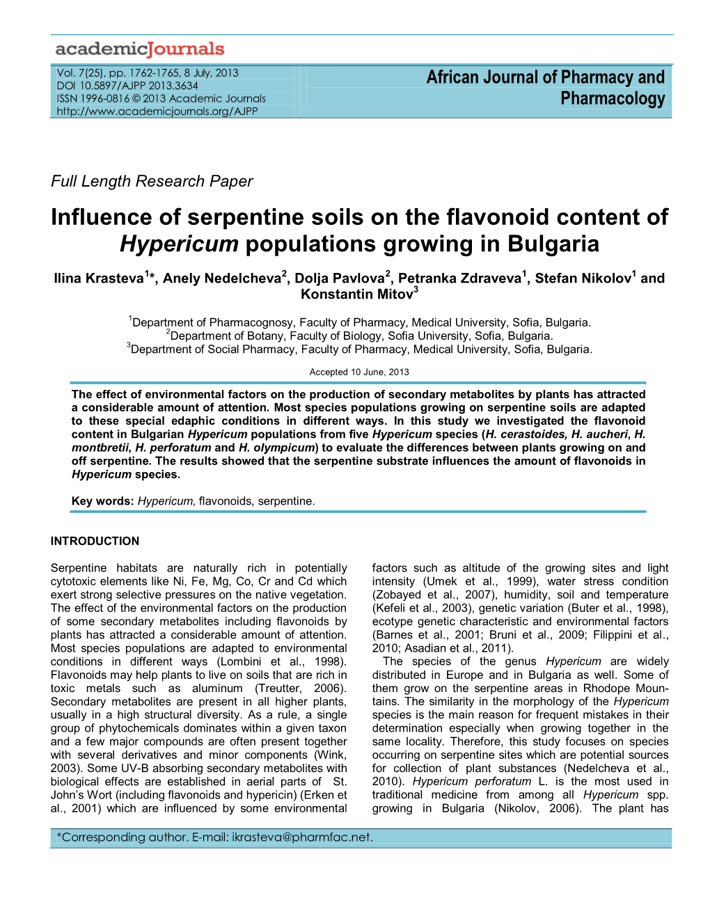 Influence of the Serpentine on the Content of Flavonoids in Hypericum