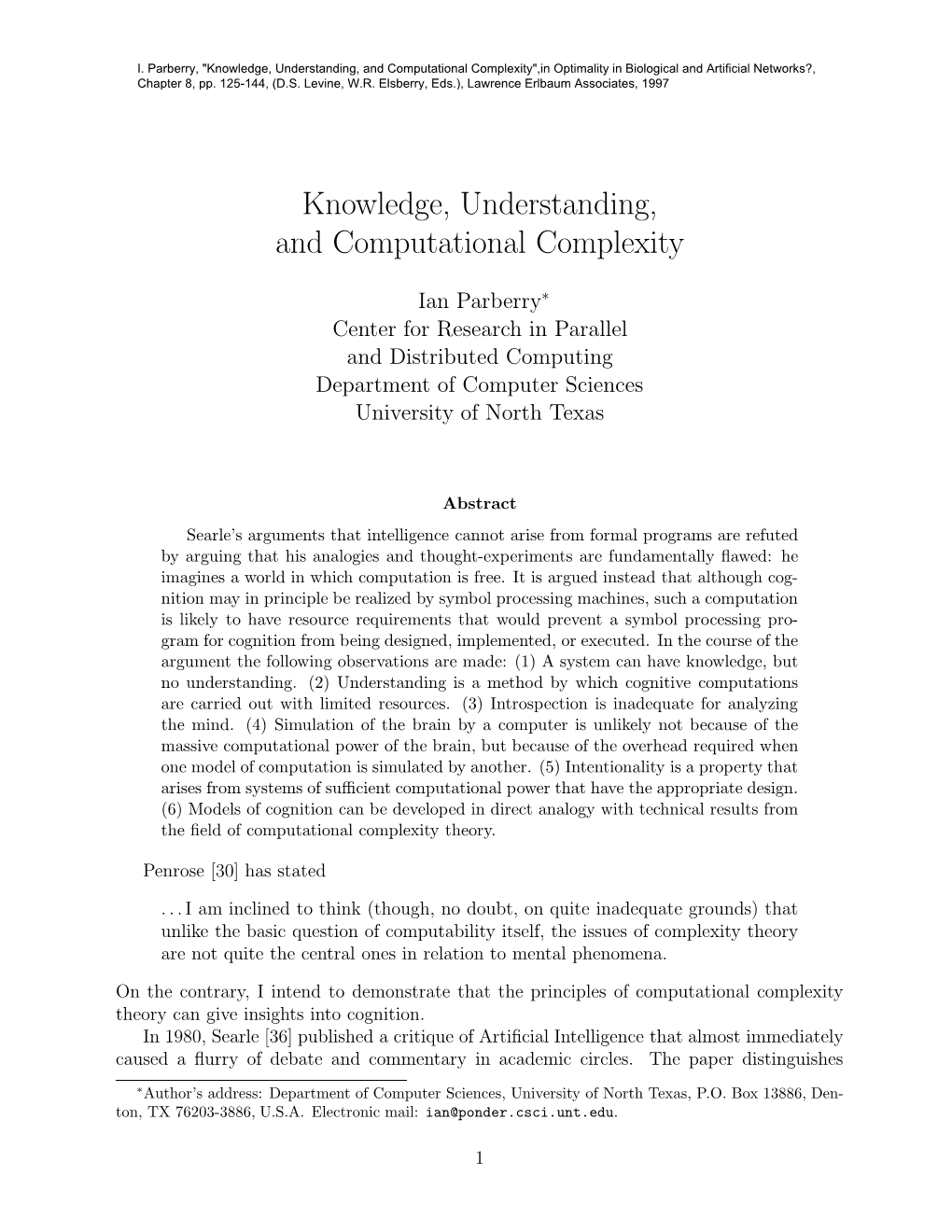 Knowledge, Understanding, and Computational Complexity",In Optimality in Biological and Artificial Networks?, Chapter 8, Pp