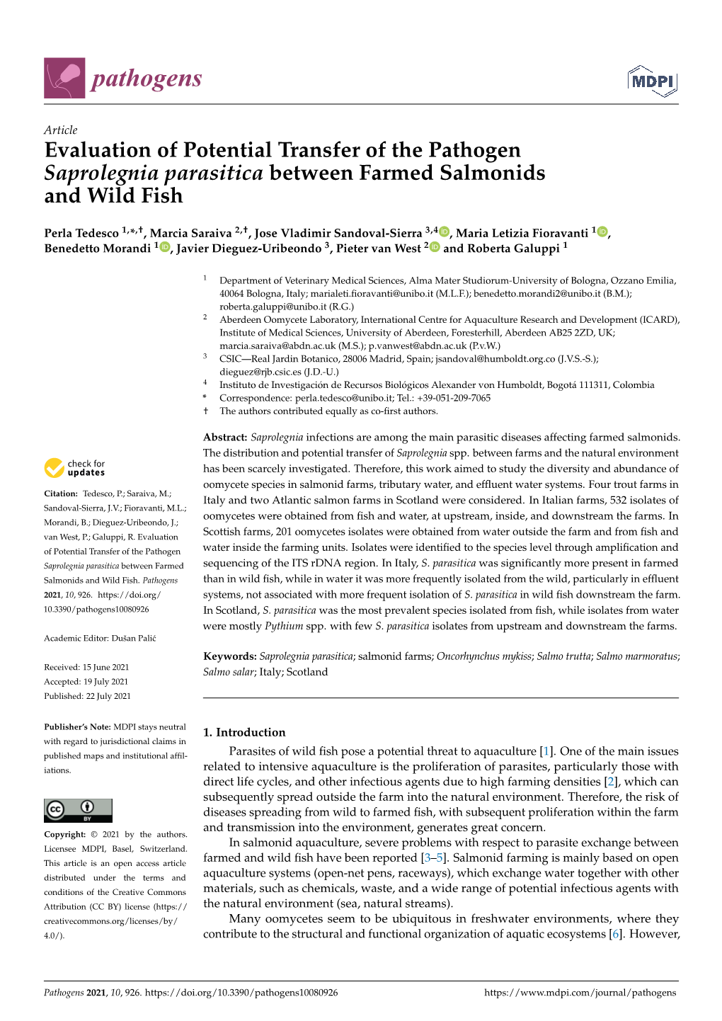 Evaluation of Potential Transfer of the Pathogen Saprolegnia Parasitica Between Farmed Salmonids and Wild Fish