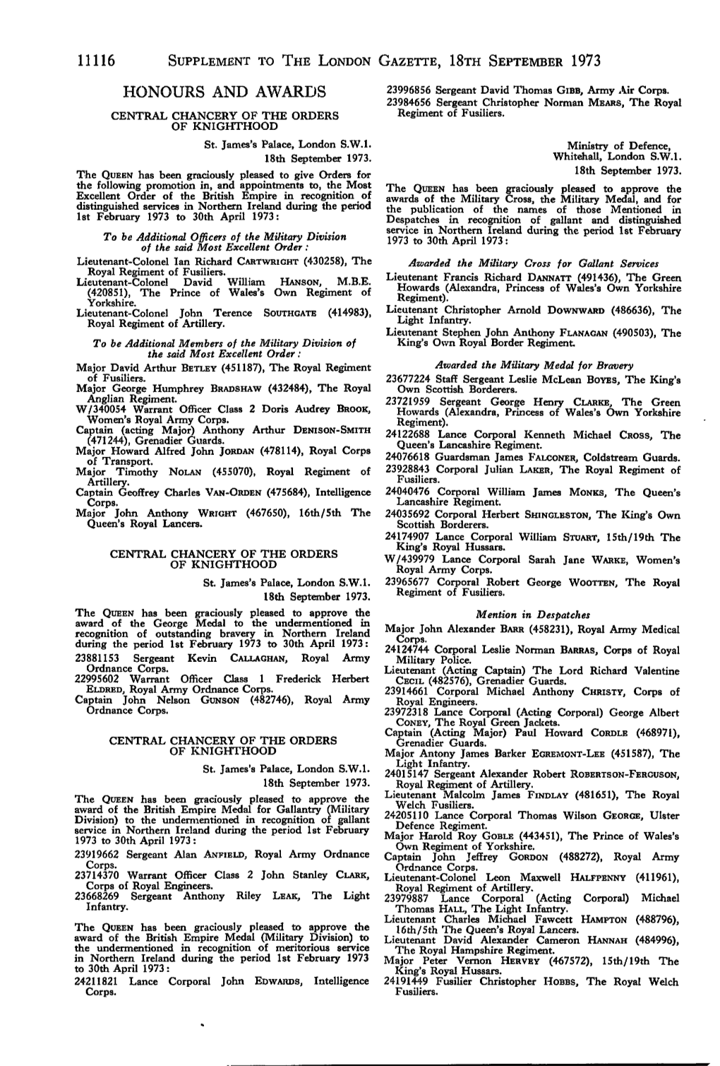 11116 SUPPLEMENT to the LONDON GAZETTE, 18TH SEPTEMBER 1973 HONOURS and AWARDS 23996856 Sergeant David Thomas GIBB, Army Air Corps