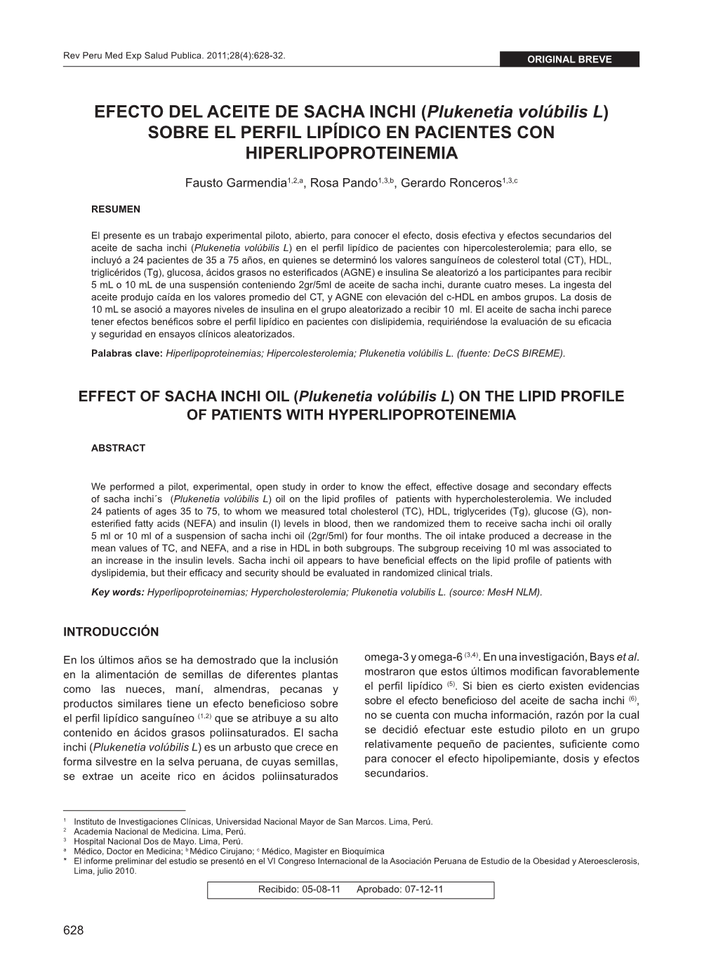 EFECTO DEL ACEITE DE SACHA INCHI (Plukenetia Volúbilis L) SOBRE EL PERFIL LIPÍDICO EN PACIENTES CON HIPERLIPOPROTEINEMIA