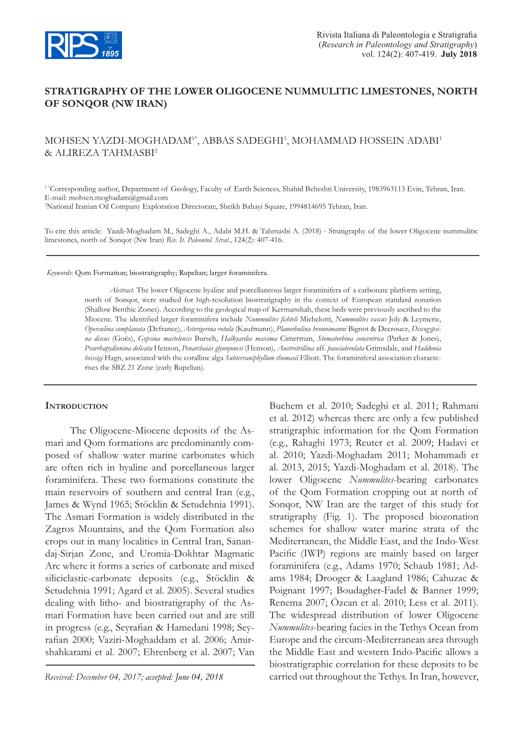 Stratigraphy of the Lower Oligocene Nummulitic Limestones, North of Sonqor (Nw Iran)