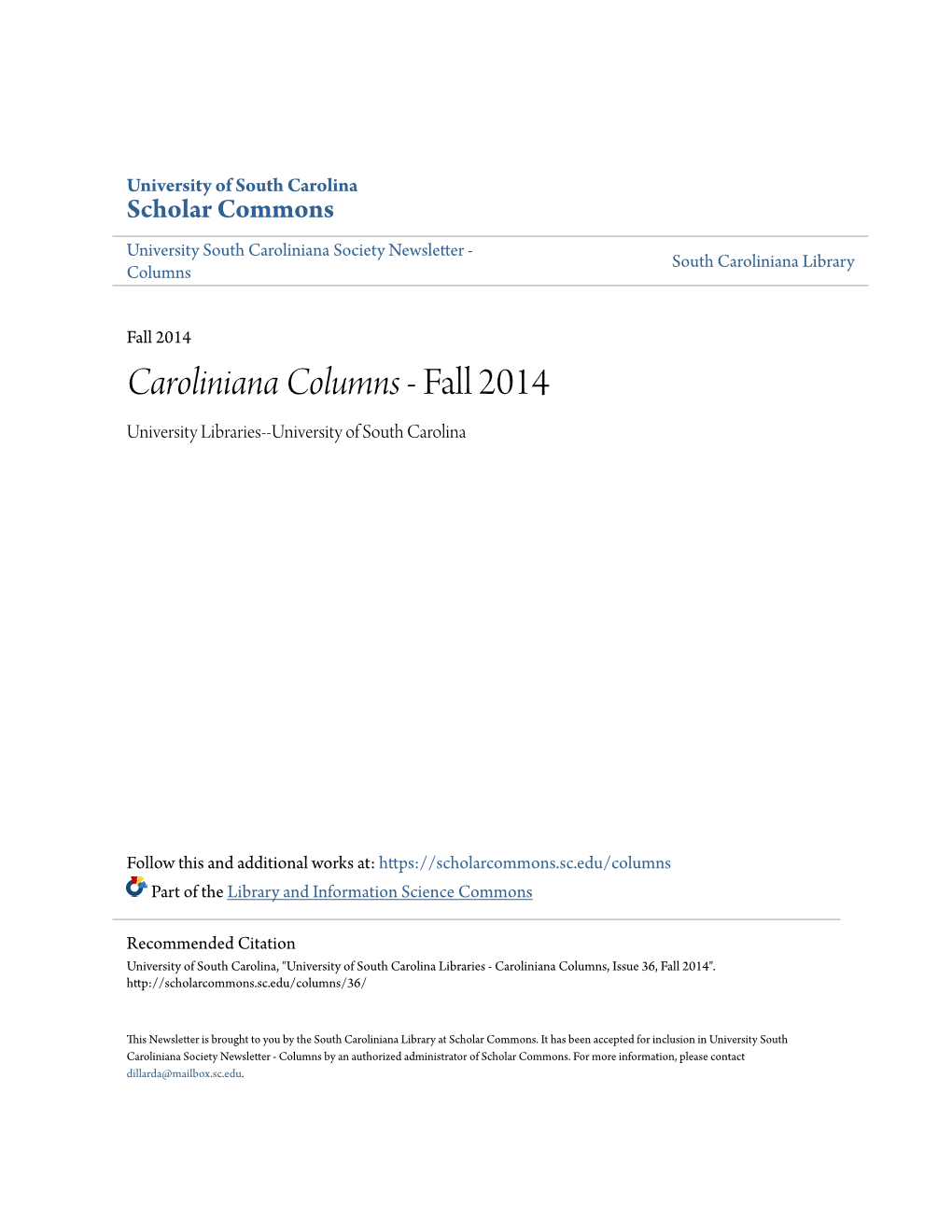 Caroliniana Columns - Fall 2014 University Libraries--University of South Carolina