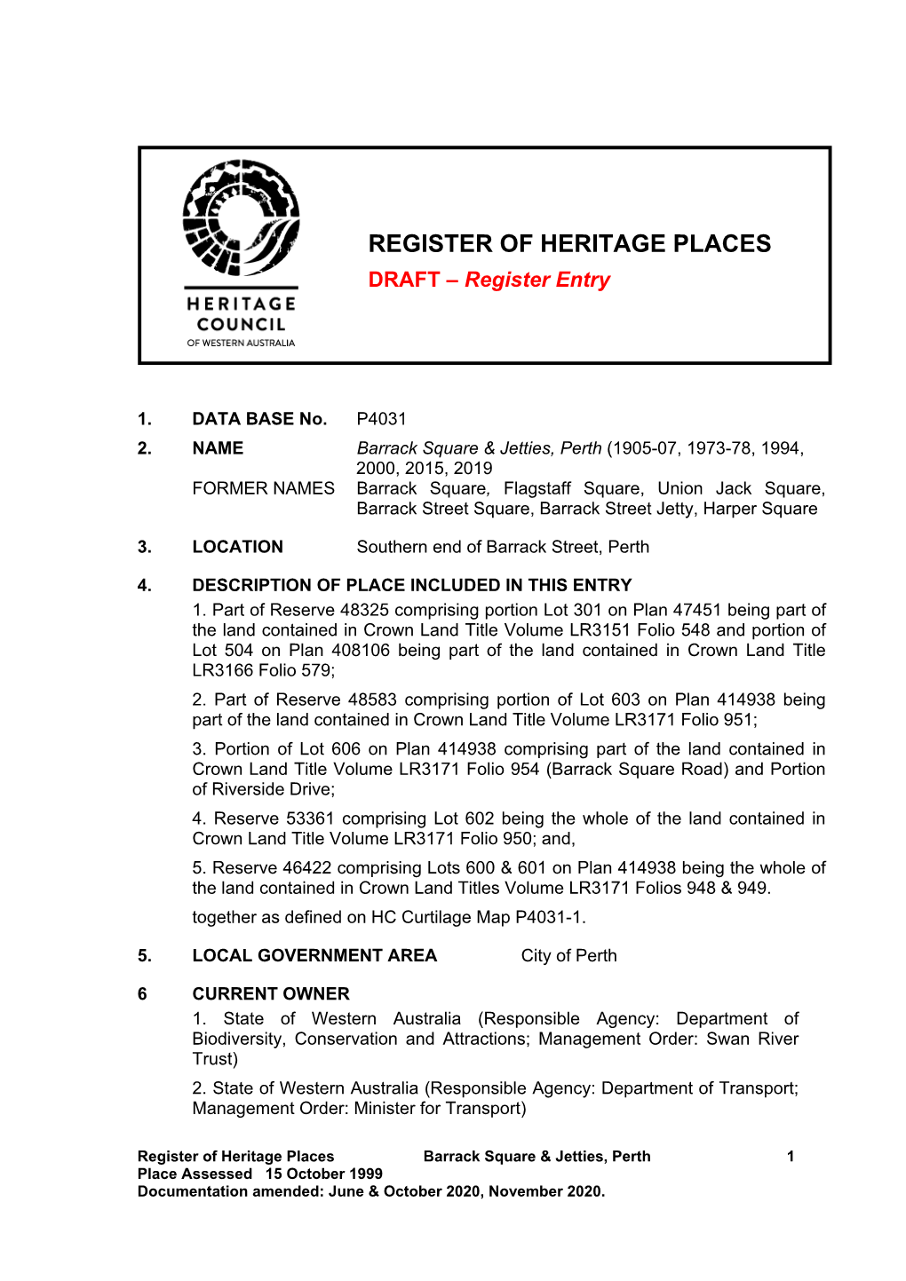 REGISTER of HERITAGE PLACES DRAFT – Register Entry