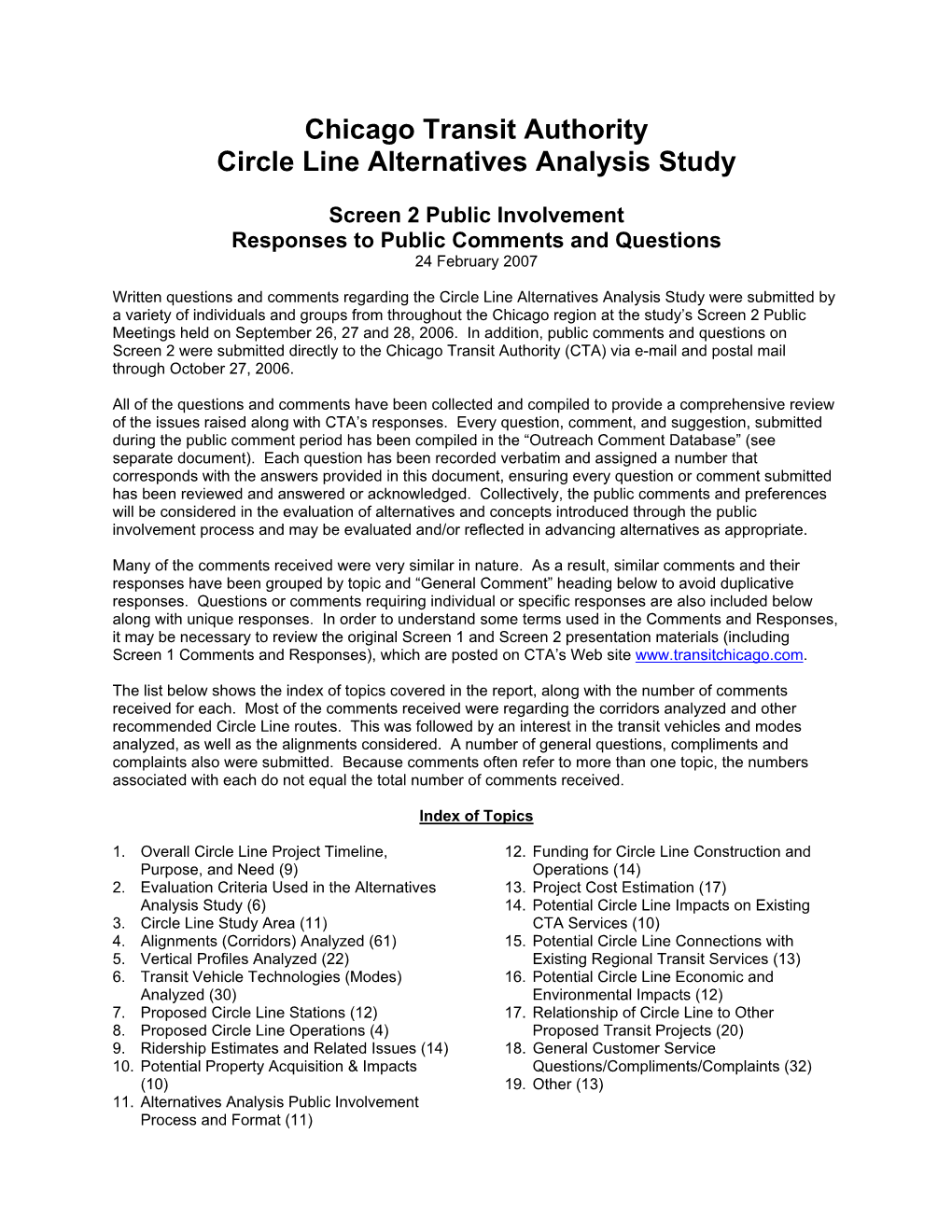 Chicago Transit Authority Circle Line Alternatives Analysis Study