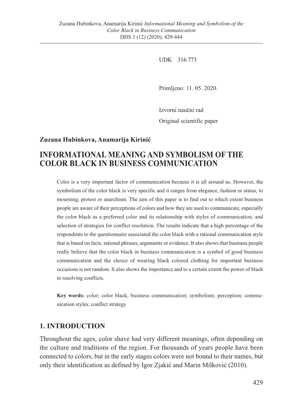 Informational Meaning and Symbolism of the Color Black in Business Communication DHS 3 (12) (2020), 429-444