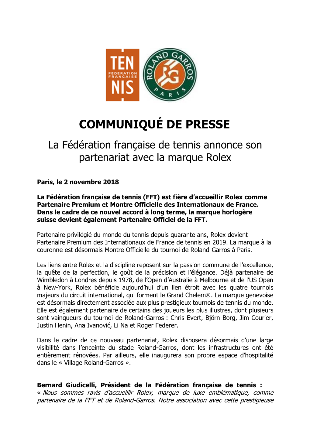 COMMUNIQUÉ DE PRESSE La Fédération Française De Tennis Annonce Son Partenariat Avec La Marque Rolex