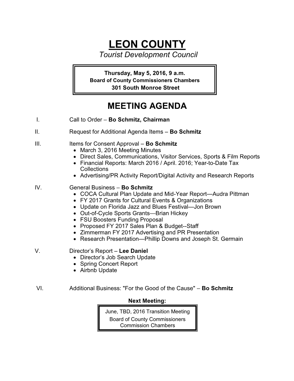 LEON COUNTY Tourist Development Council MEETING AGENDA