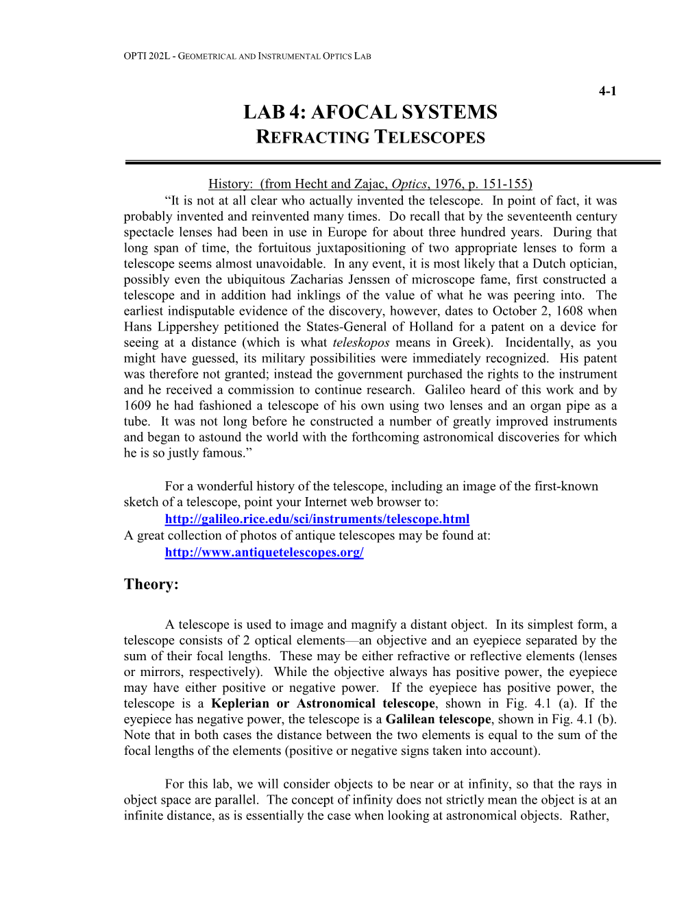 Lab 4: Afocal Systems Refracting Telescopes