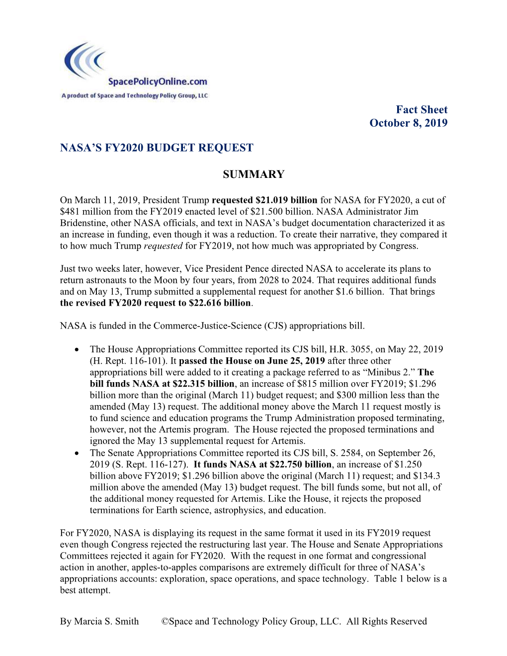 Fact Sheet October 8, 2019 NASA's FY2020 BUDGET REQUEST