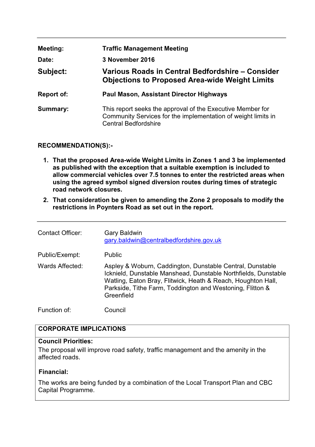 Subject: Various Roads in Central Bedfordshire – Consider Objections to Proposed Area-Wide Weight Limits