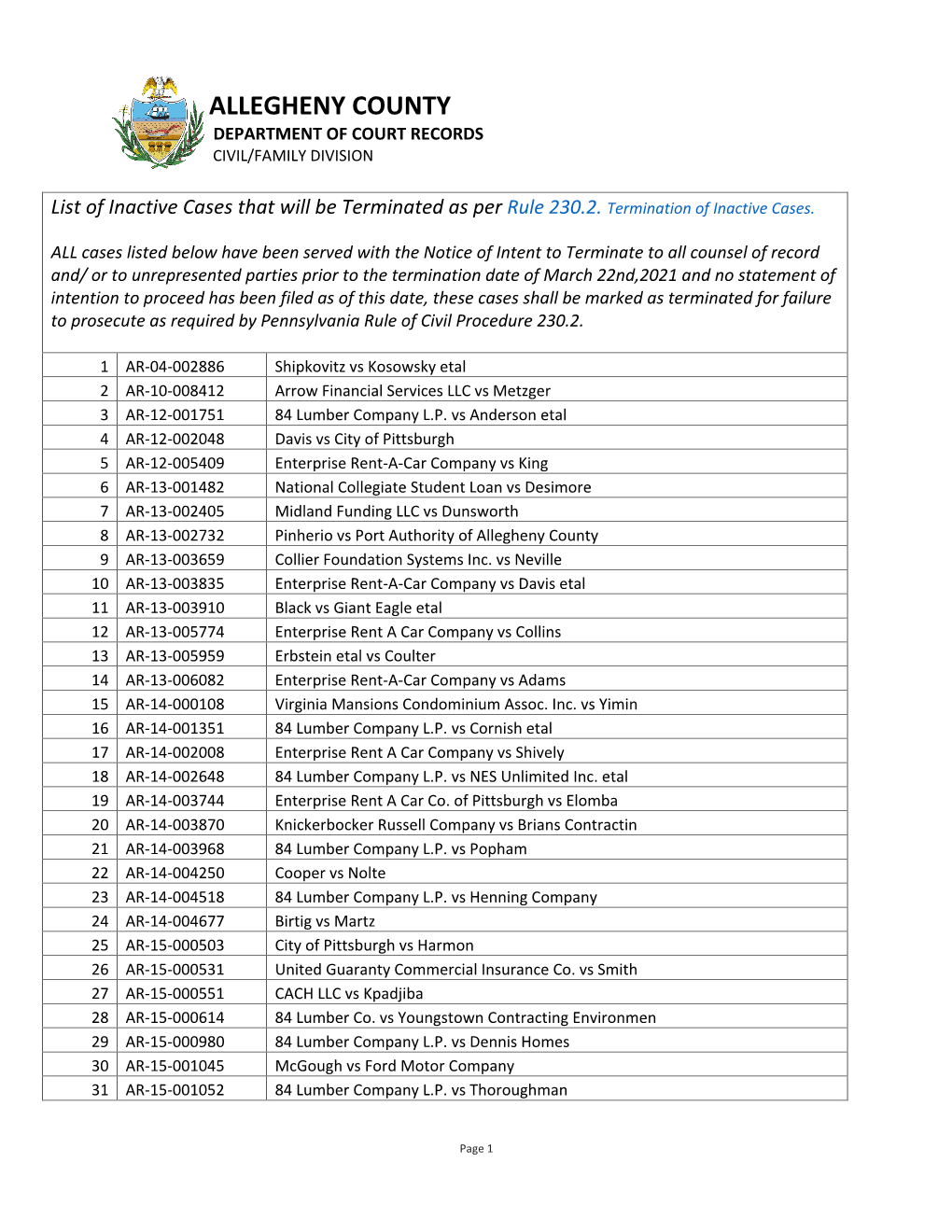 Allegheny County Department of Court Records Civil/Family Division