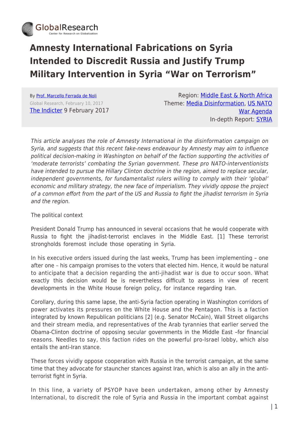 Amnesty International Fabrications on Syria Intended to Discredit Russia and Justify Trump Military Intervention in Syria “War on Terrorism”