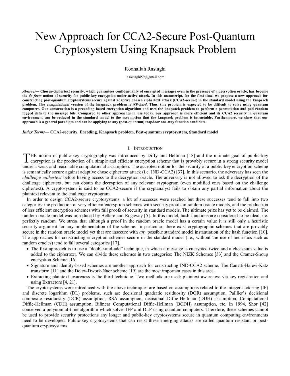 New Approach for CCA2-Secure Post-Quantum Cryptosystem Using Knapsack Problem