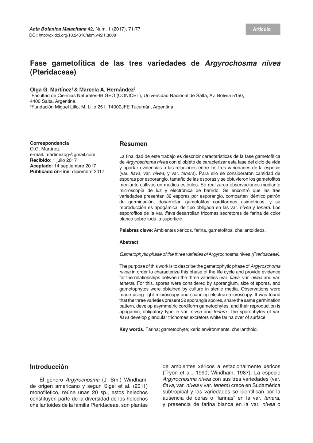 Fase Gametofítica De Las Tres Variedades De Argyrochosma Nivea (Pteridaceae)