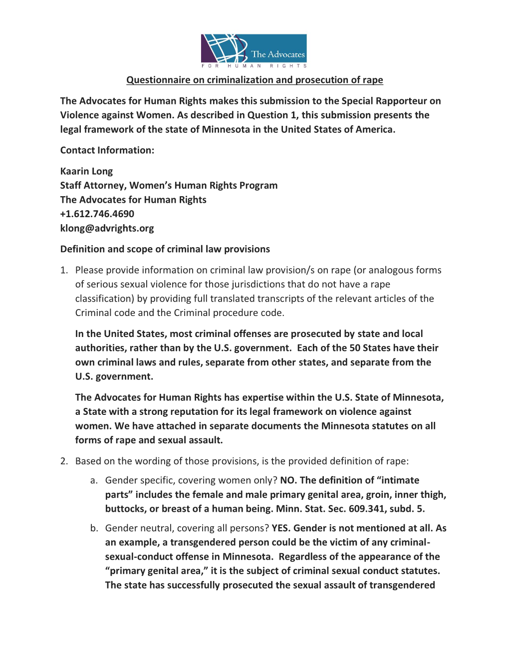 Questionnaire on Criminalization and Prosecution of Rape the Advocates for Human Rights Makes This Submission to the Special Rapporteur on Violence Against Women