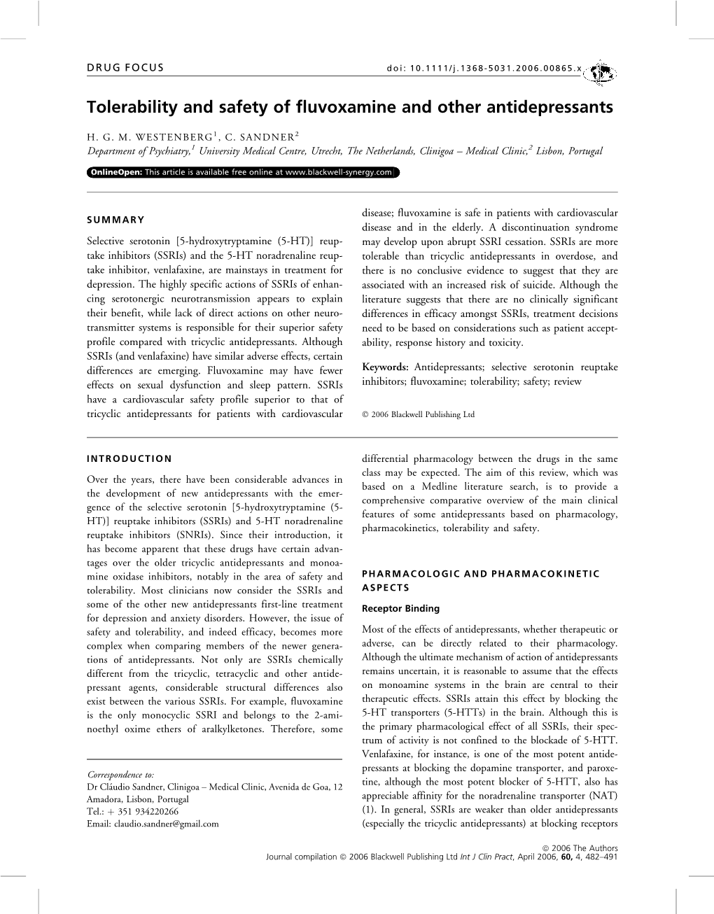 Tolerability and Safety of Fluvoxamine and Other Antidepressants