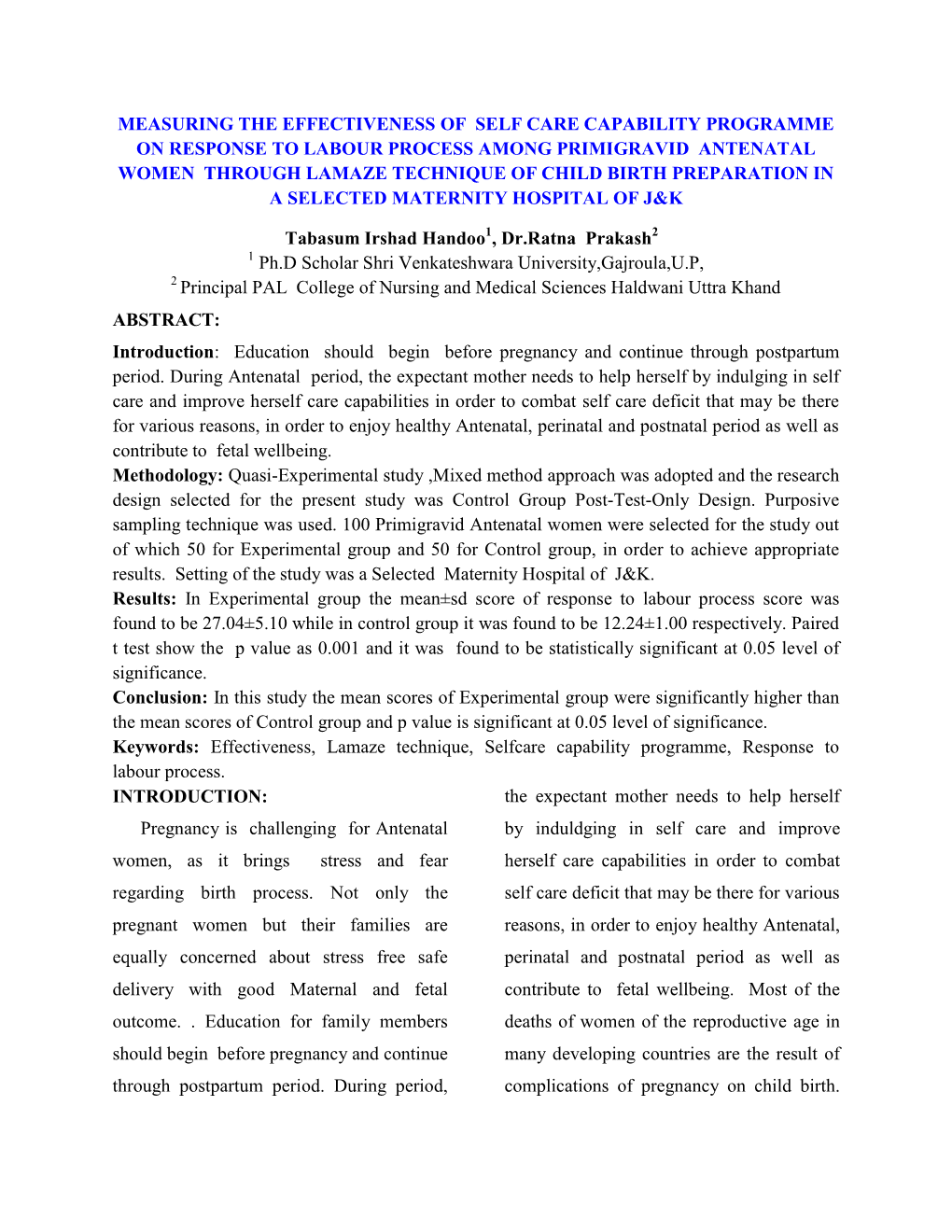 Measuring the Effectiveness of Self Care Capability Programme