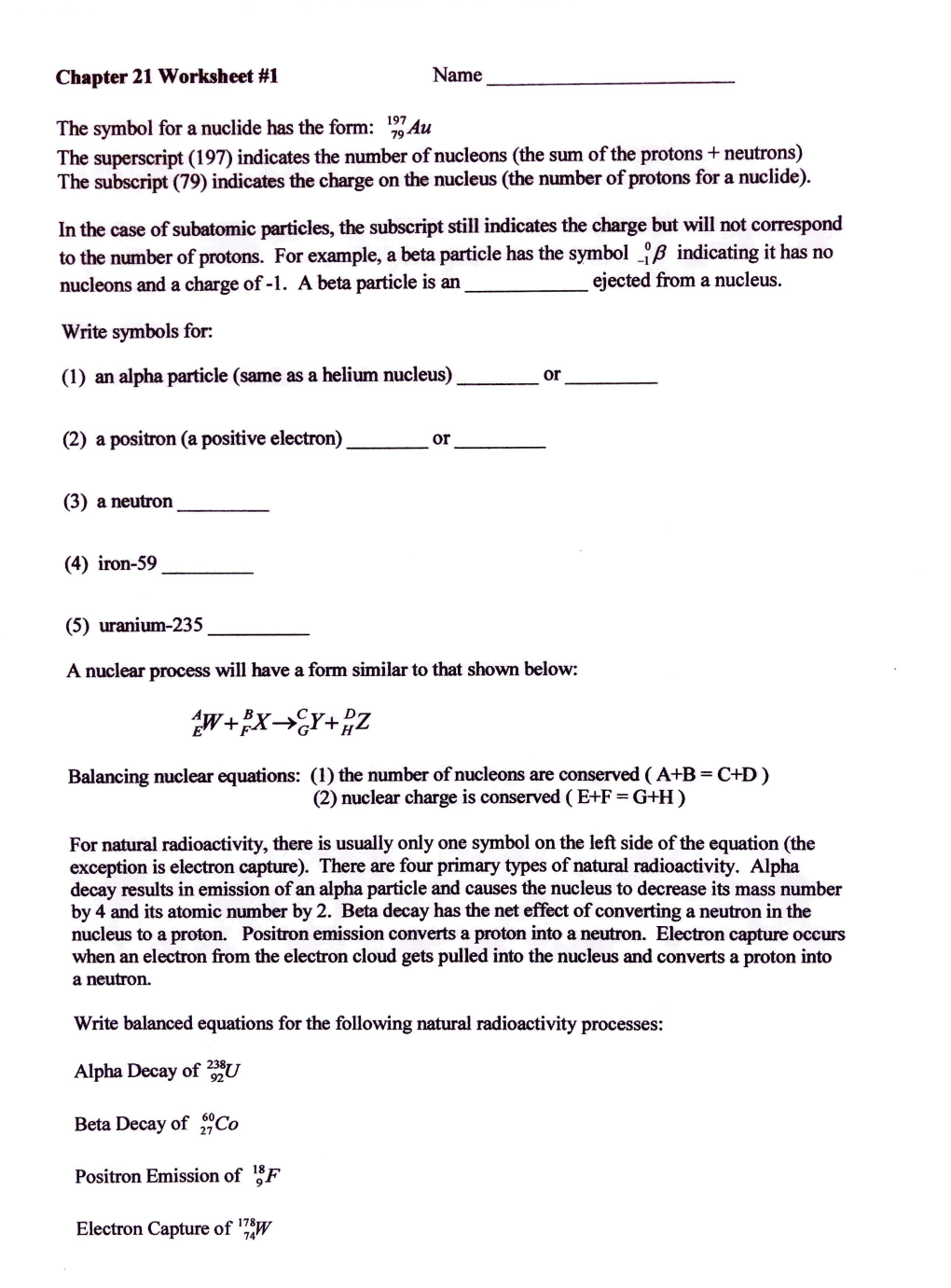 Chapter 21 Worksheet #1 Name ______