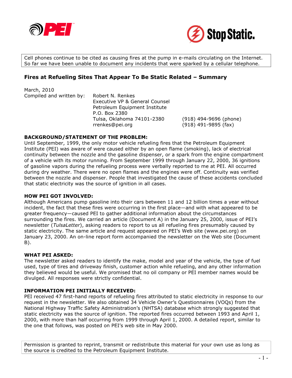 Fires at Refueling Sites That Appear to Be Static Related – Summary