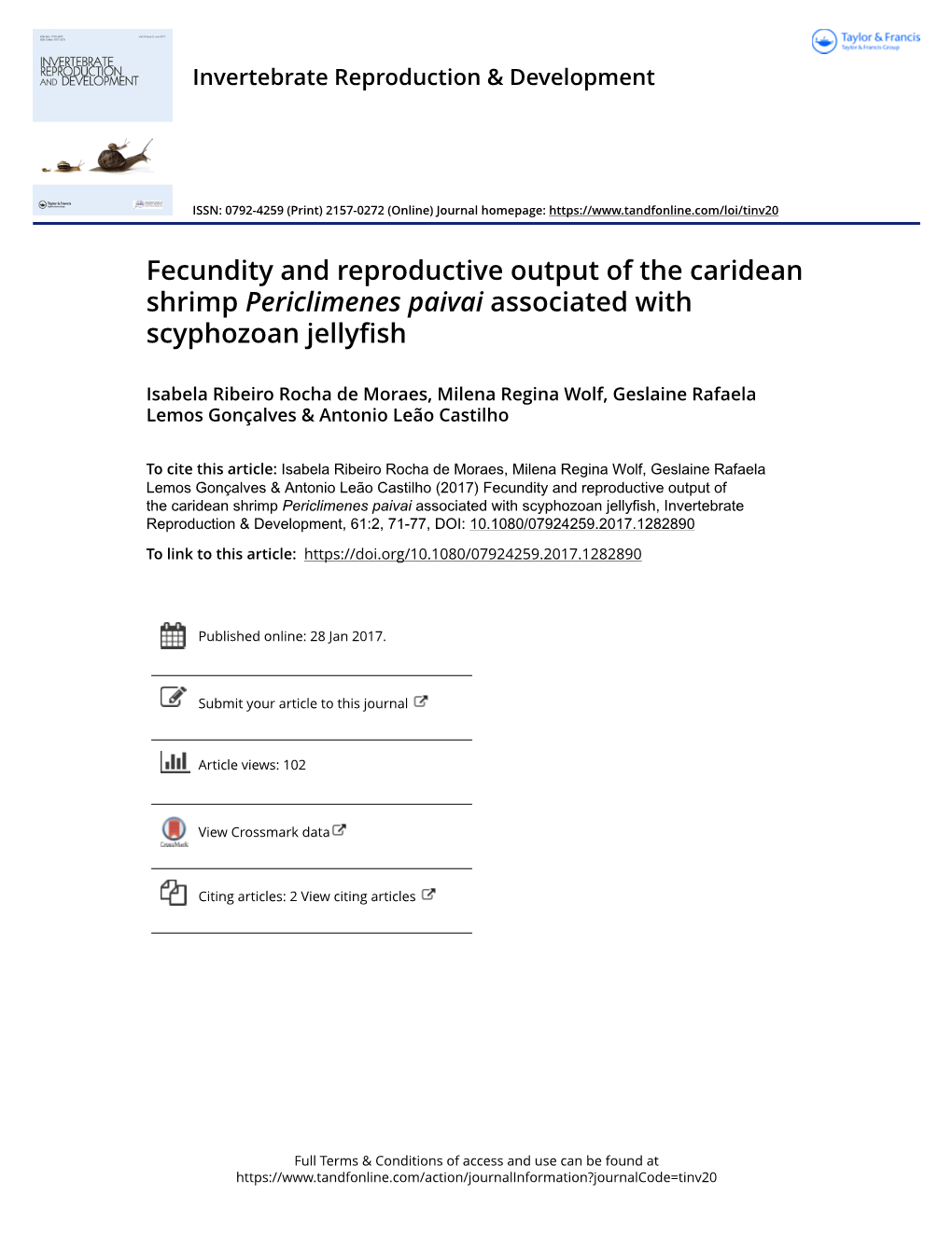 Fecundity and Reproductive Output of the Caridean Shrimp Periclimenes Paivai Associated with Scyphozoan Jellyfish