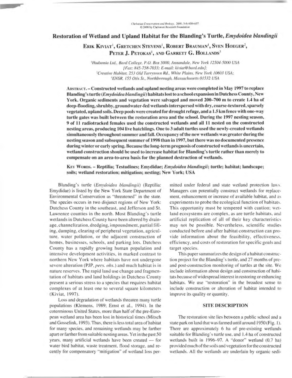 Restoration of Wetland and Upland Habitat for the Blanding 'S Turtle, Emydoidea Blandingii