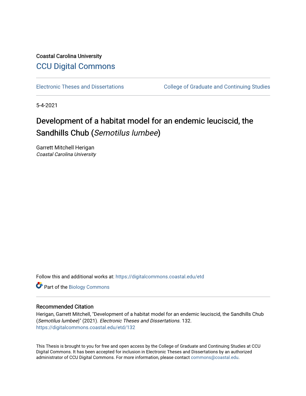 Development of a Habitat Model for an Endemic Leuciscid, the Sandhills Chub (Semotilus Lumbee)