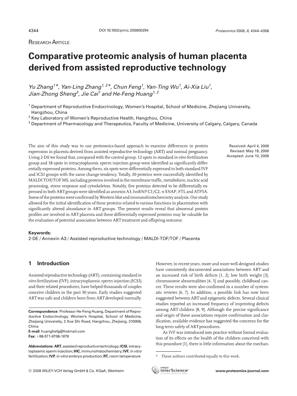 Comparative Proteomic Analysis of Human Placenta Derived from Assisted Reproductive Technology