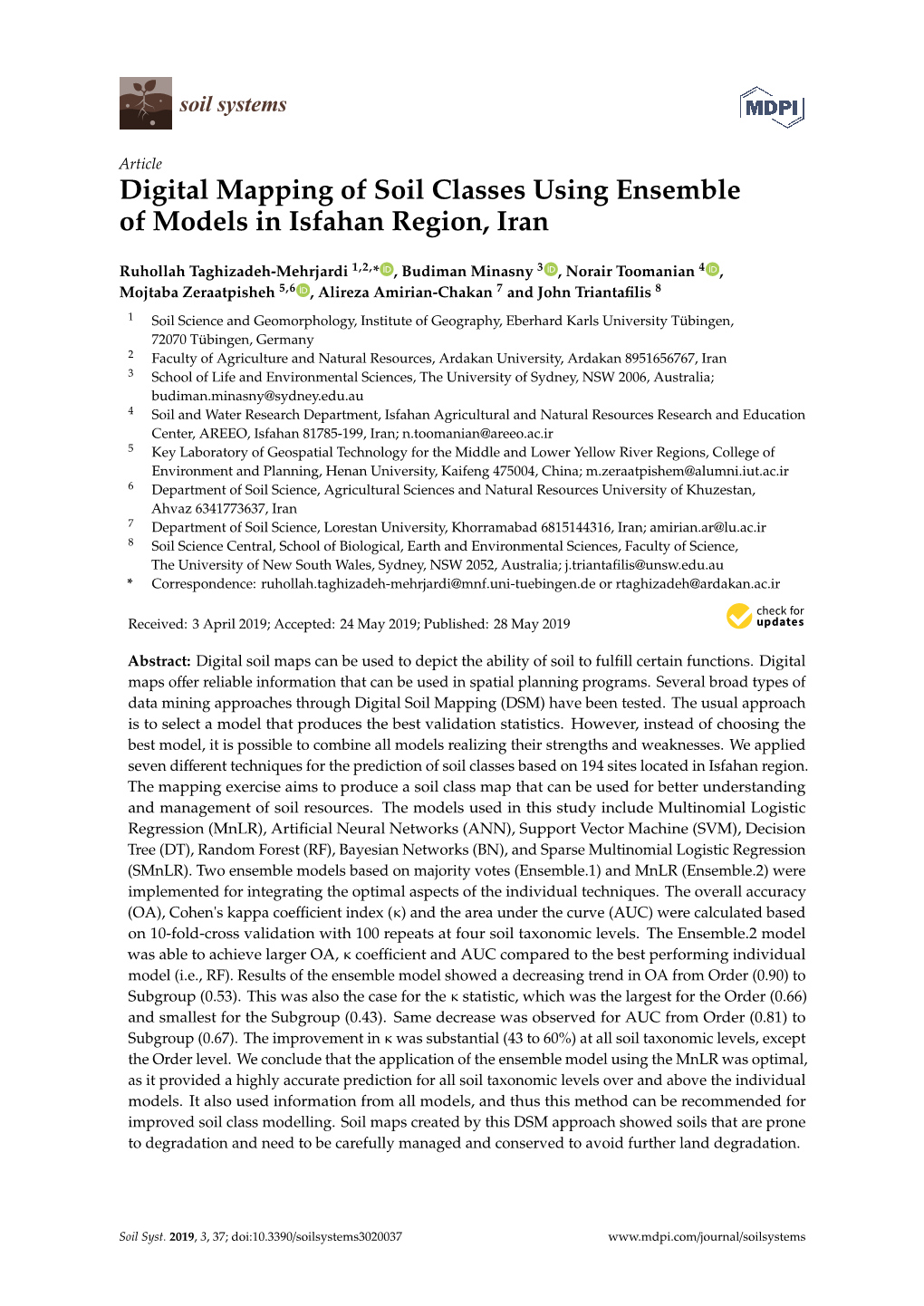 Digital Mapping of Soil Classes Using Ensemble of Models in Isfahan Region, Iran