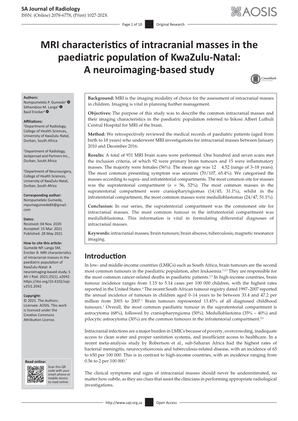 MRI Characteristics of Intracranial Masses in the Paediatric Population of Kwazulu-Natal: a Neuroimaging-Based Study